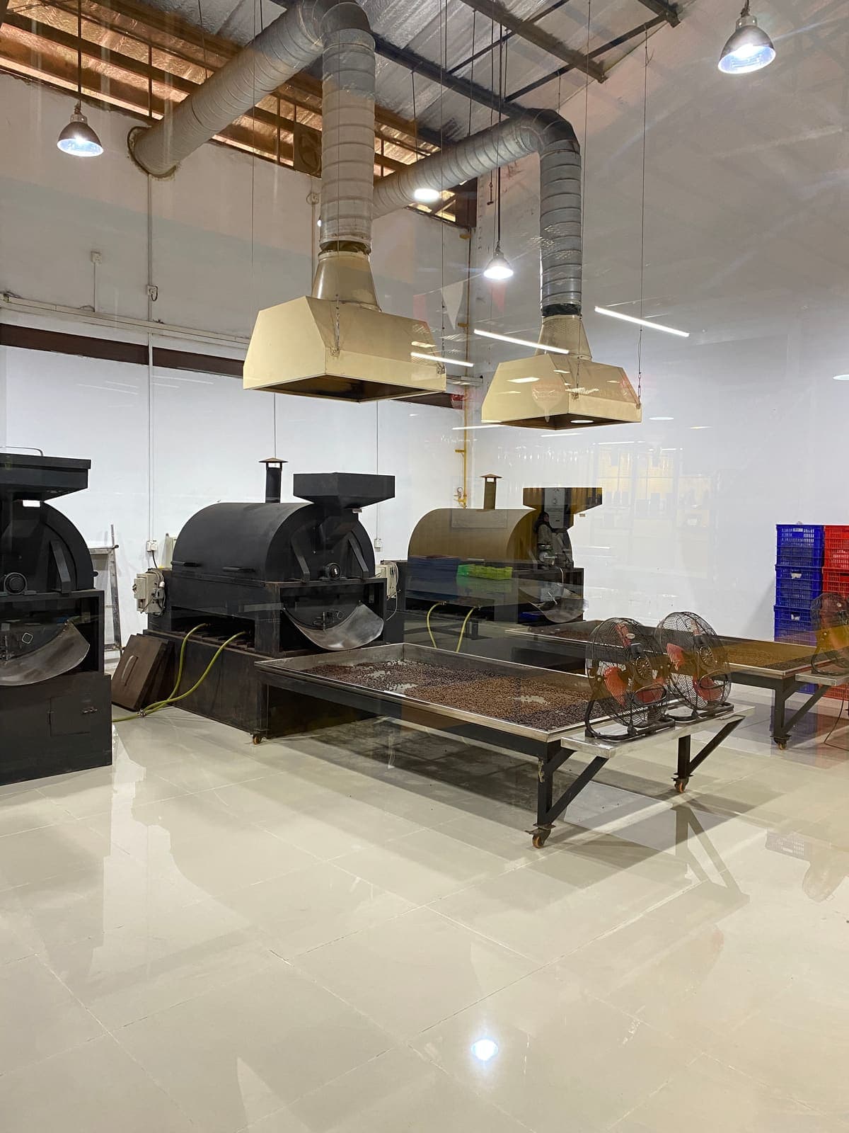 Industrial coffee roasters and cooling trays at a Batam coffee factory