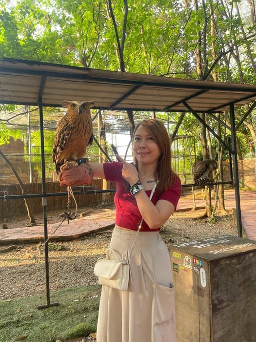 A traveller holding an owl on a gloved hand at the zoo.